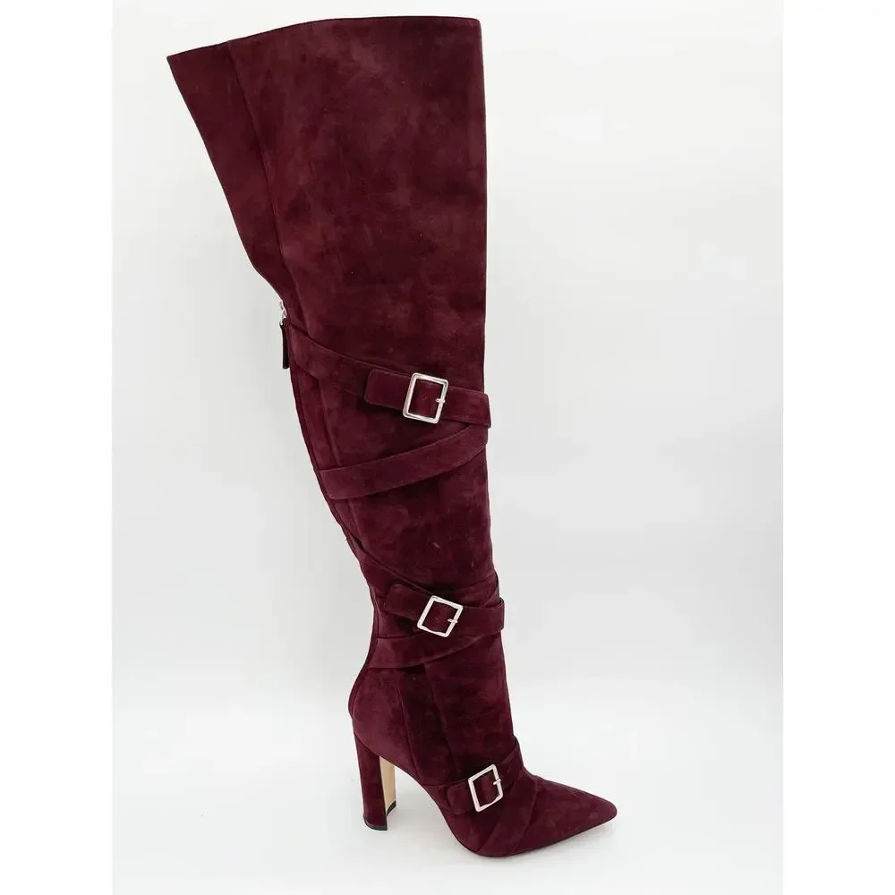 Manolo Blahnik Josimhi Burgundy Suede Buckle Strap Pointed Toe OTK Boots IT 37.5